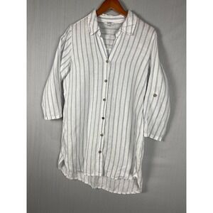 Rosemarine Linen Tunic Women M Blue Striped Button Down Boho Coastal Grandma